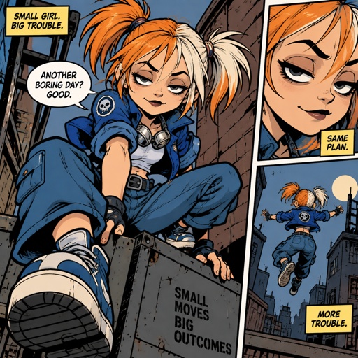 Female, orange and white messy pigtails, short, wears blue, droopy eyelid