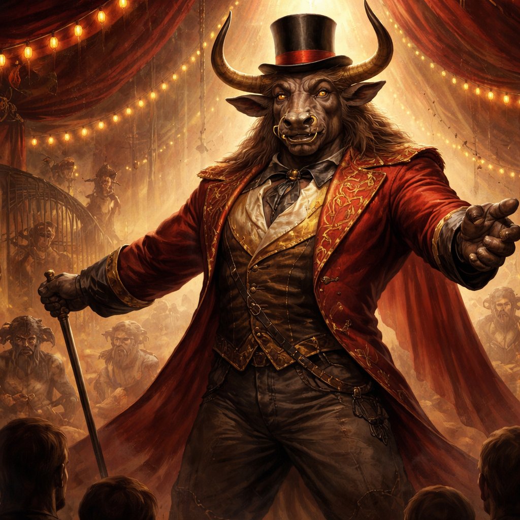 A brown Steppe bull Minotaur with a well~proportioned figure that works at freak show as ringmaster. That has gifts/abilities like Reality Rejection, Time Manipulation (Chronokineses), Zoolingualism (Language of Cattle only), Human Speech.