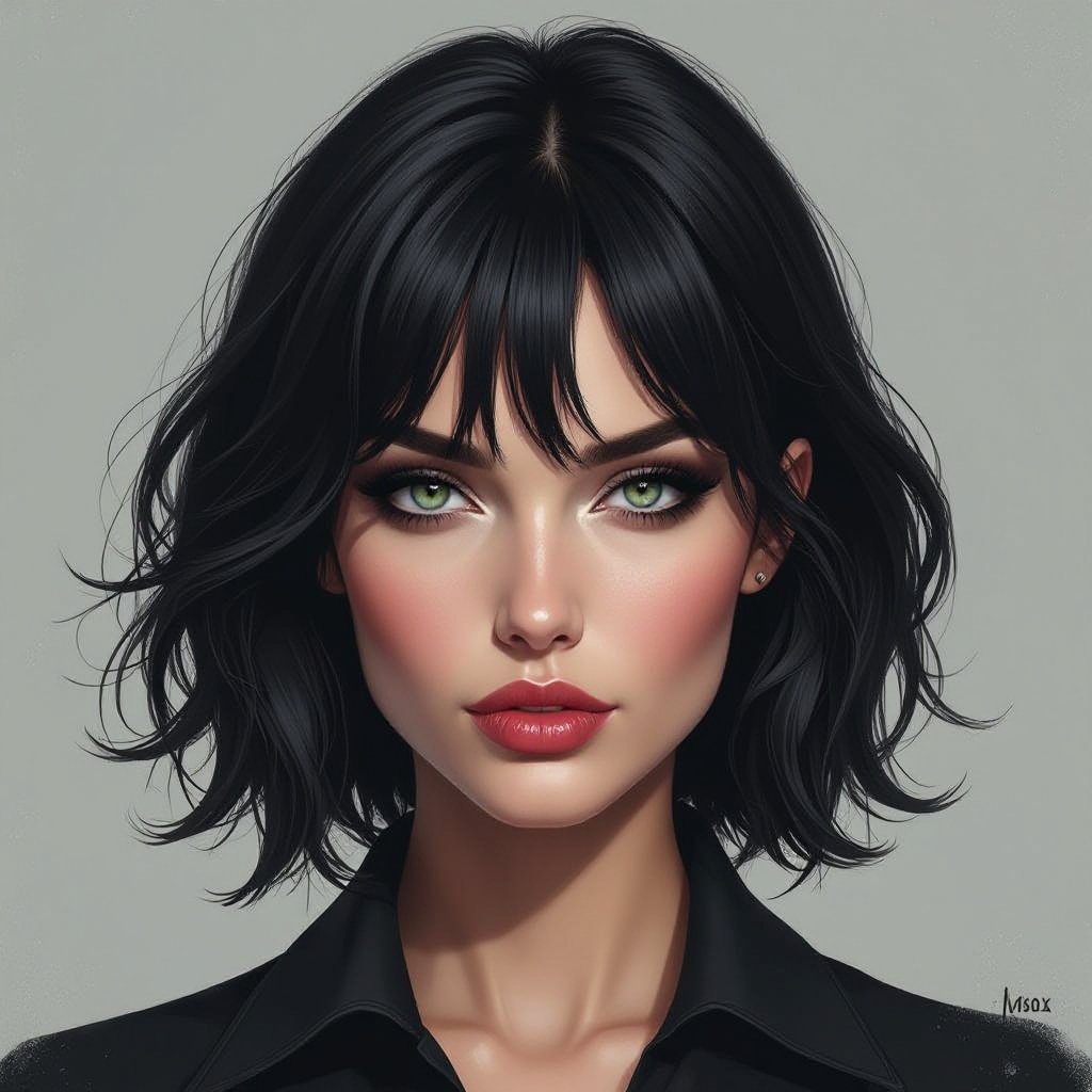 Show character head to toe. Create a mid age mysterious woman jet-black hair is cut sharpand her eyes seem to pierce through darkness. A shadowy aura clings to her form,