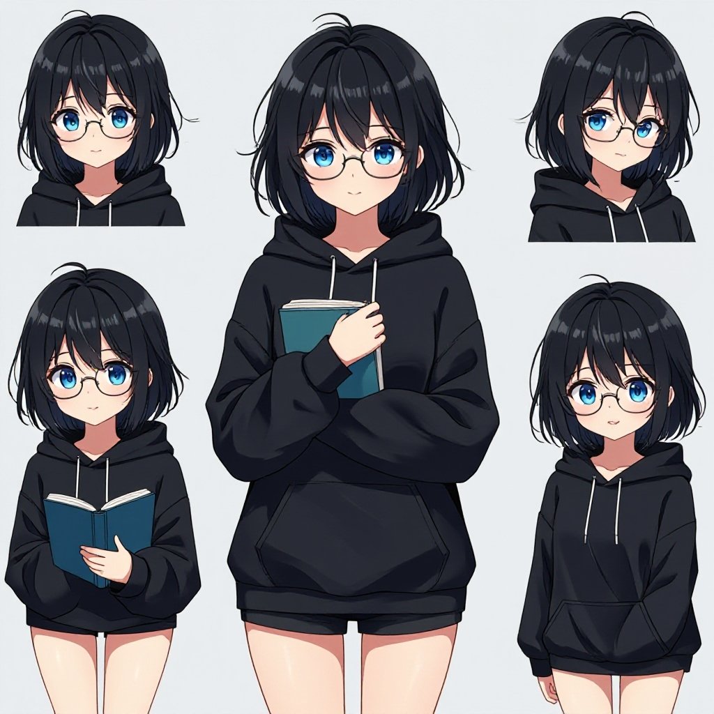 a girl with a flap chest, wears a oversized black hoodie and black shorts, has very short black, messy hair, beautiful blue eyes, wears perscription glasses, holding a book close to her chest, cute and beautiful