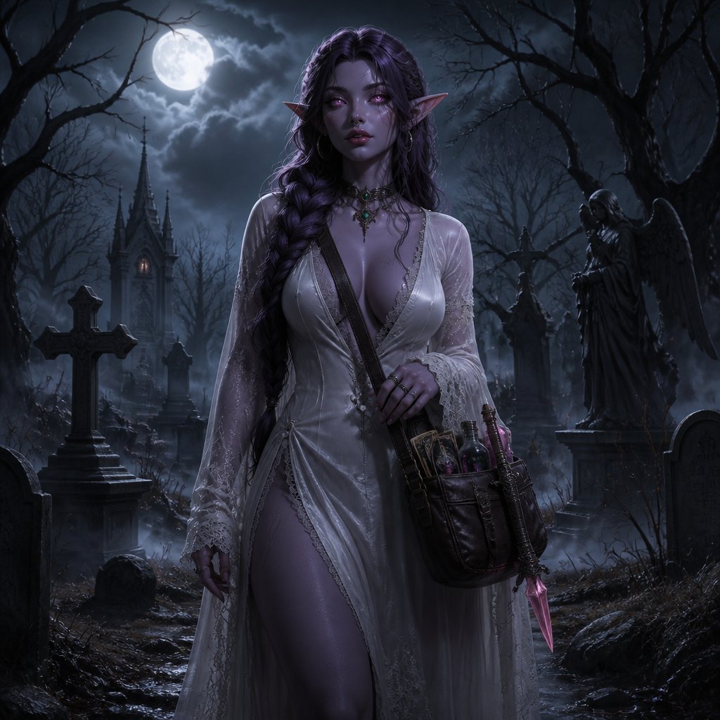 I am creating a fantasy character name Sylie Wraithwood. I would like a full body portrait of Sylvie. She is a young woman who is 5 foot and 10 inches tall. She has a slender waist, with medium large sized breasts and very wide hips and thighs. She has an hourglass figure. Her skin color is light lavender. She has defined cheekbones. She has plump, soft, natural pink lips. She has sharp, arched eyebrows and one eyebrow has a slit from a small scar in it. She has very pointed, elf like ears. She wears winged eyeliner and light blush. Her eyes look like swirling, sparkling portals that are shimmering with a soft, baby pink color. She has very long and thick violet colored hair that is kept in a long side braid and has a few loose pieces of face framing pieces in the front. She wears winged eyeliner a white silk gown that clings to her curves but flows loosely at the ankles. The gown has a slit in the side that comes up to the hip. The gown has long sleeves made of white lace. The gown shows cleavage with a plunging neckline that has white lace trim. She wears a silver choker necklace that has an oval shaped emerald that sits right at the center of her throat. She has two small silver hoop earrings in each ear. She has a silver hoop septum piercing ring in her nose. She has a brown leather, cross-body messenger bag that holds potions, tarot cards, and a dagger that is adorned with a glowing, fuchsia colored crystal on the center of the handle.