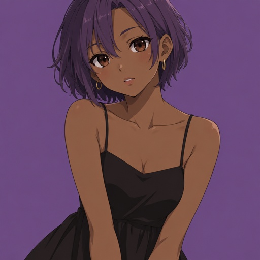 Girl with short purple hair and brown skin and black dress and brown eyes 