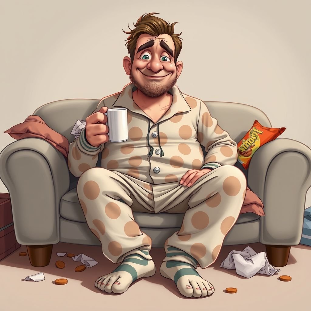 Create a adult humor character who is lazy as heck. And you could tell from his face and his entire outfit. Make is funny and the style of the graphic photographic