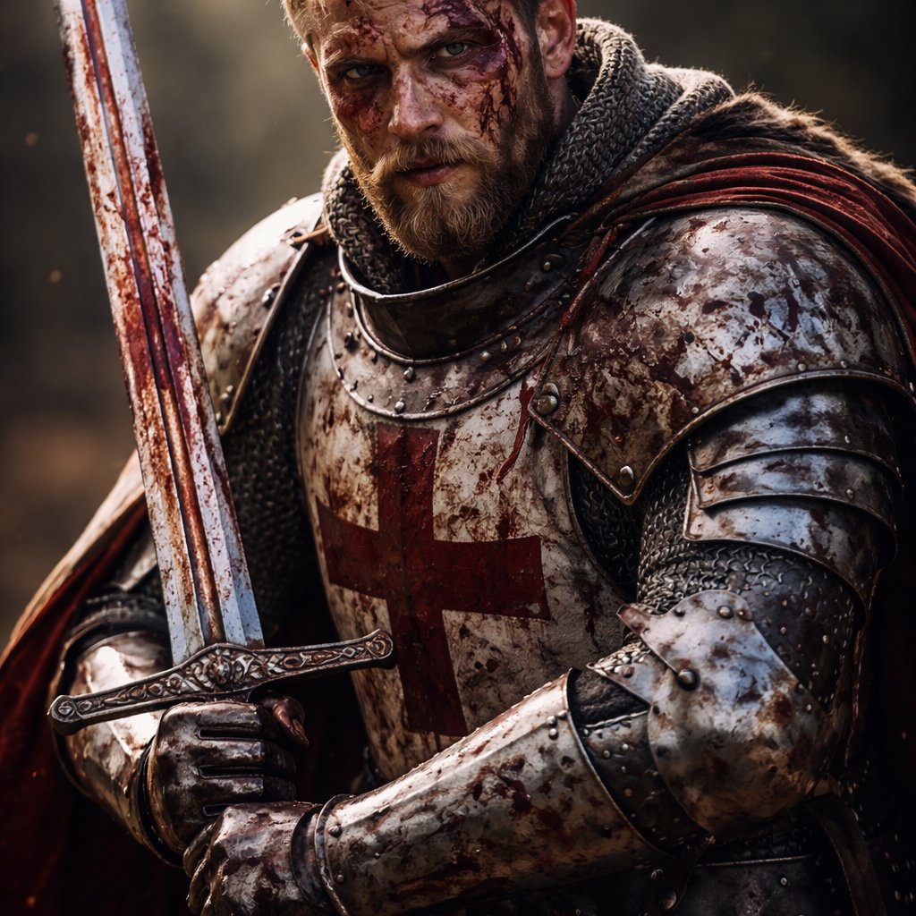A male battle damaged crusade knight with heavy armor with a beard and a legendary sword blonde hair blue eyes and a large scar across his face tall and muscular with blood