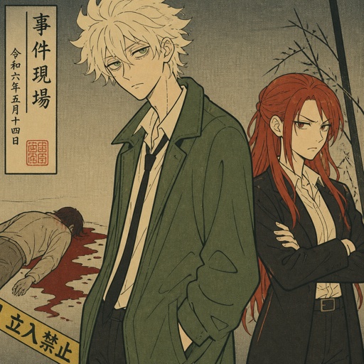Anime style Male great detective takes his job real seriously really good at it mid 20s medium really crazy light blonde hair, tall thin, tied, clean shaven, strange green eyes wearing baggy loose mossy green jacket tired face, partner, long red hair brown eyes looking annoyed and concerned for him, trying take case seriously,very gruesome seen, person unknown, detective will do whatever he can, parent and him get into arguments usually partner will say "you really need some rest you can barely stand and your speaking trails off, how do you expect to finish this case with the little sleep and food you get" detective reply" all I need is some coffee, I can survive I don't plan on resting till I get to the bottom of this, worrying never helps"as he yawns, partners says back "ugh! your really stubborn, looks like I'm going to have to catch you again when you pass out"