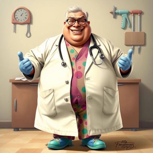 .. create a fat doctor. Who is funny human looking from head to toe. And he always immediately results to surgery for anything even small things. So please be sure to show his whole outfit head to toe. Make him have 1 tooth. Make it more adult humor instead of cartoon humor.
