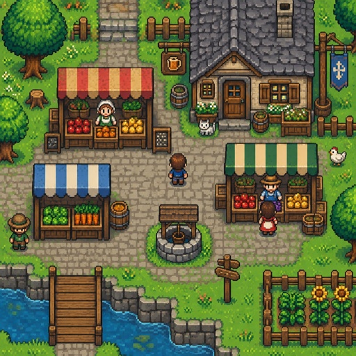 Village market with an attached house for a modern fantasy game, exterior, top down style
