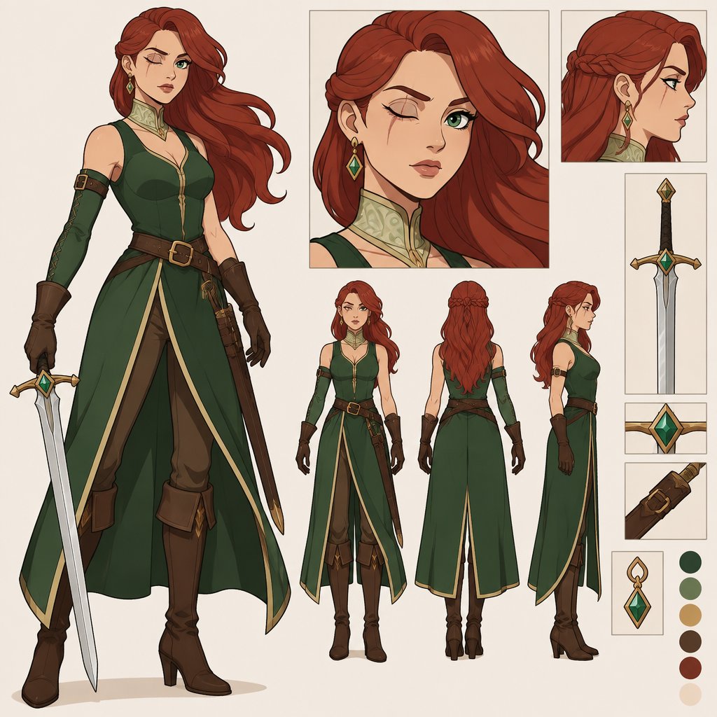 A princess,red hair swooped more on the right side hair is not blowing ,green eyes,right eye is scar and blind,she is wearing a green sleeveless dress that splits in the middle an with golden rims on the bottom of dress,brown pants underneath ,she wears a light green corset with the top on her neck loose and golden rims on top,wearing a brown belt with a sheath,brown boots,has an unhatched green sleeve on right arm,brown gloves,earrings,a beautiful sword with a diamond in the middle