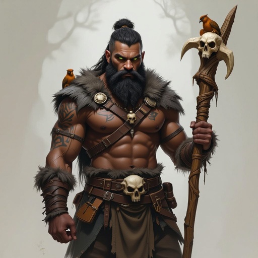 Kael the Beastbound – A rugged, broad-shouldered man with black skin and a rough beard, wearing armor made from bone and leather. deep green eyes tattoos of animal tracks spiral down his arms. He carries a massive wooden staff carved with the shapes of beasts, and small creatures often perch on his shoulders or follow at his feet.