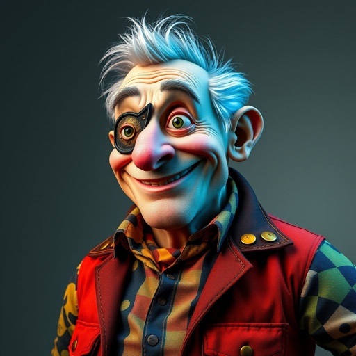Create a funny adult guy name one eye Willy, who has one eye patched, show entire body head to toe 