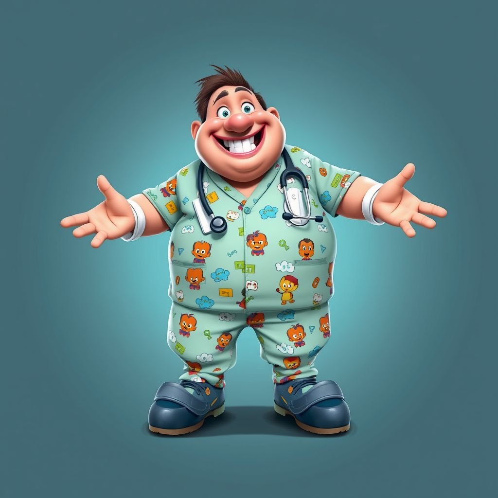 create a fat doctor. Who is funny human looking from head to toe. And he always immediately results to surgery for anything even small things. So please be sure to show his whole outfit head to toe. Make him have 1 tooth