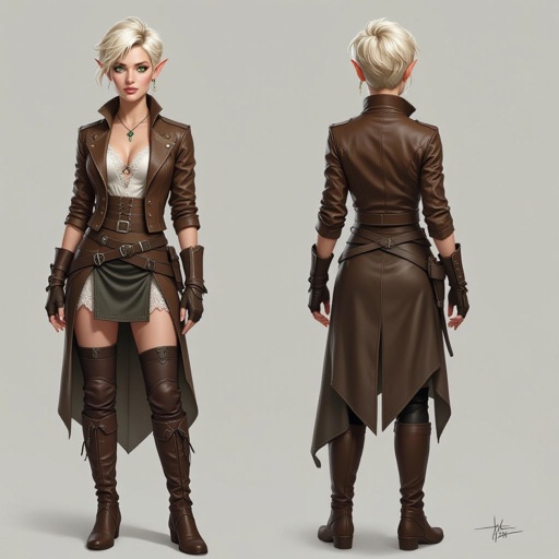 🎨 Ffionna Baelyn — Integrated Lace Underdress Variant  Semi-realistic fantasy portrait of Ffionna Baelyn, a female High Elf rogue assassin with an athletic, slender build. She has a short blonde pixie cut with layered texture and side-swept fringe, fair ivory skin with warm undertones, and bright green eyes with faint gold flecks. Her cropped brown leather jacket is cut at her chest with brass buckles and corset fastenings. Beneath her armor, she wears a fitted silver-white sheer lace underdress — thin, semi-transparent, and close to her body — visible at the neckline, sleeves, and lightly through the upper thighs beneath her leather layers. Her short black-brown leather skirt is solid and structured, with no lace on its surface, designed for movement and precision. The lace acts as a base layer, subtly glowing in soft light. She wears fingerless gloves and thigh-high strapped boots. Lighting is soft and cinematic with a neutral background, full-body to shins, following the 8-heads rule. 