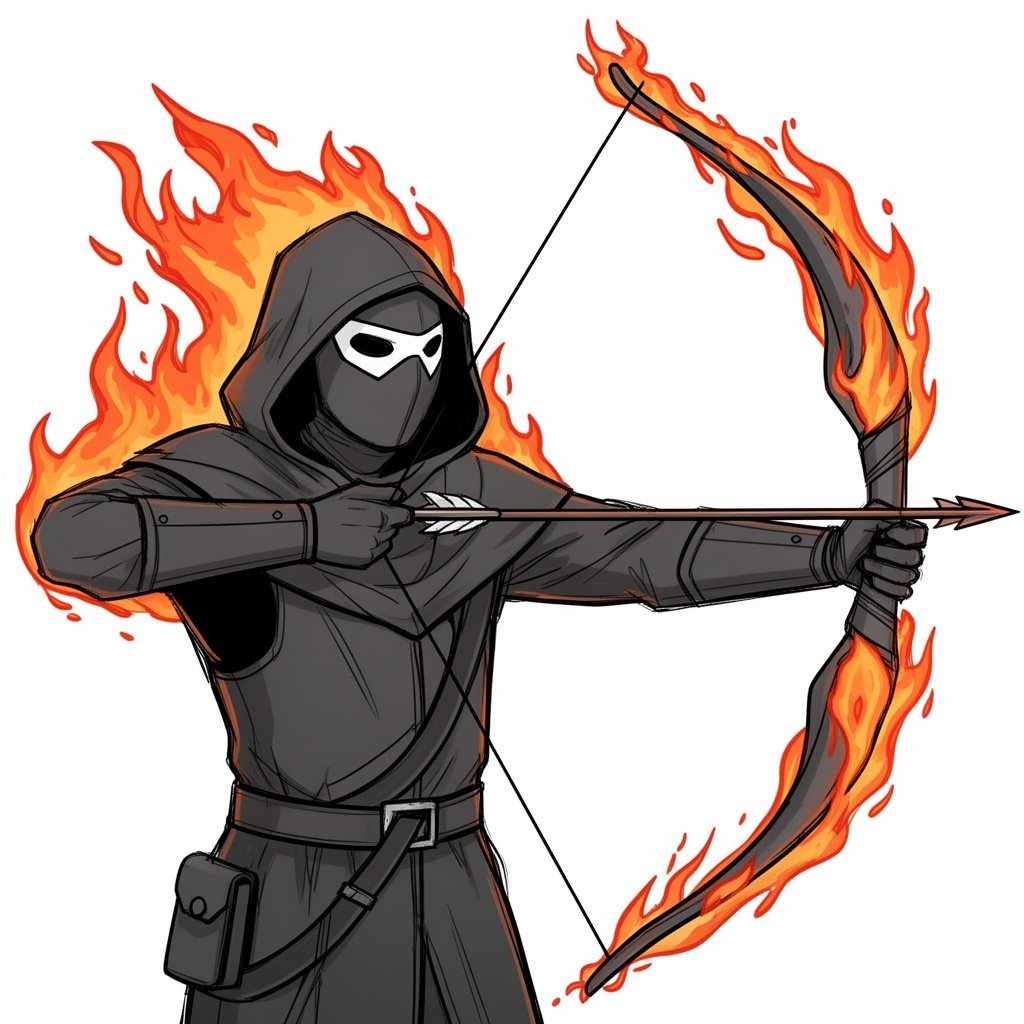 A hooded flame archer with a bow made out of fire and mask covering face