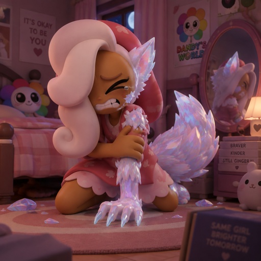Ginger from Dandy’s world in her room trying to stop her transformation into a Opalite Werewolf 