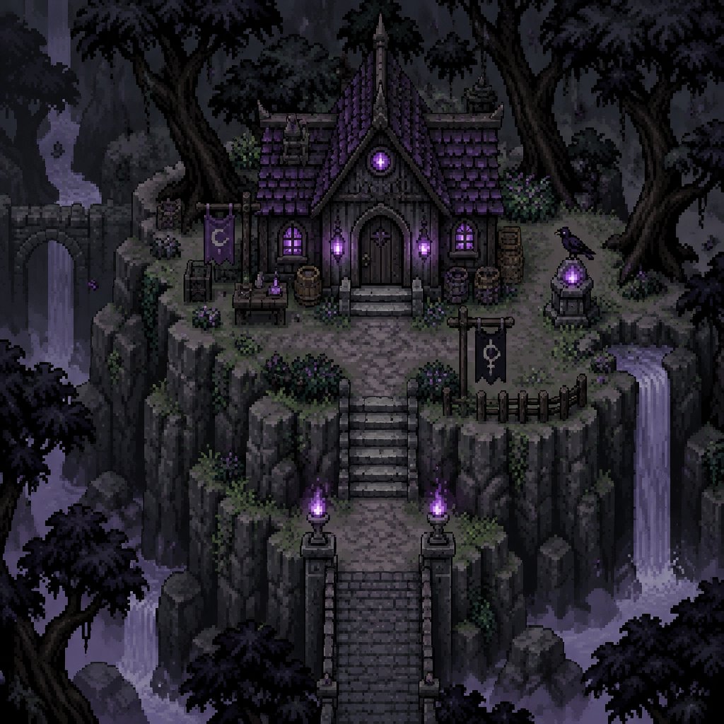Dark Fairy House on a mountain platform surrounded by Shadow Tree almost black trunk and leaves that subtly move even without wind for a fantasy game set in modern times, exterior, top-down style