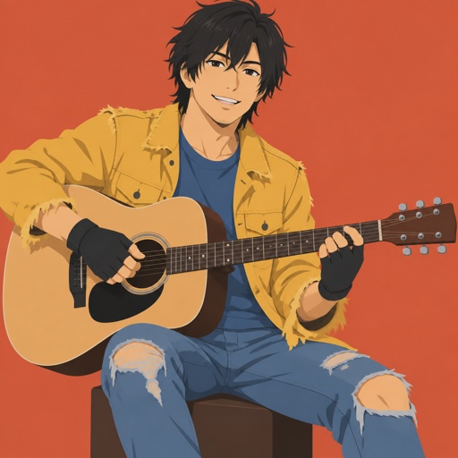 Male, Asian, black messy neck length hair, bangs, hair covering ears, light stubble, smile, yellow frayed jacket, ripped jeans, blue shirt, gloves, playing guitar