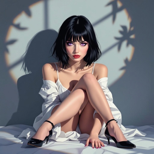 Show her shoes and entire body. Create mysterious woman jet-black hair is cut sharp to her jawline, and her violet eyes seem to pierce through darkness. A shadowy aura clings to her form, faint shapes shifting and flickering behind her like whispers of another realm. Show whole body head to toe