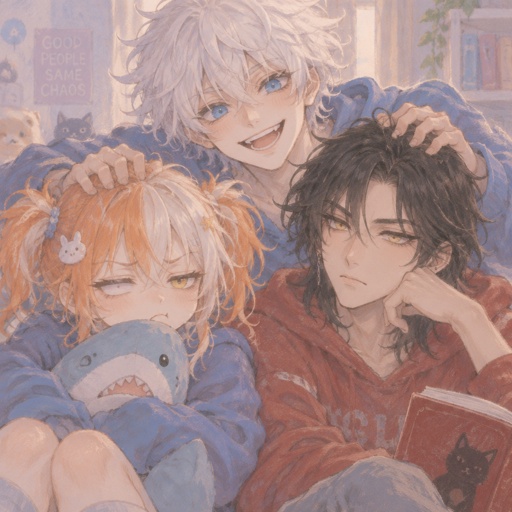 Female, yellow eyes, orange and white messy pigtails, short, wears blue, one droopy eyelid, Male, Asian, neck length black hair, yellow eyes, eyeliner, wears red casual clothes, small mouth, Male, fluffy white hair, big blue eyes, long smile, snobby, wears blue, messing with them