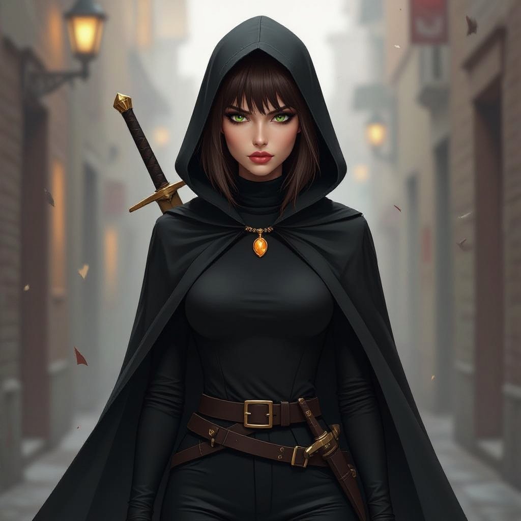 A woman with long brown hair and light green eyes. She has bangs that cover one eye, an emo-style fringe that covers the entire eye. She has a chubby, round face. Pale skin. Delicate beauty. Thin lips. She is dressed in black pants and a black turtleneck. She wears a belt with a dagger. A long sword hangs on her back. In her hand, she holds a short sword. She wears a black cape and a large hood over her head. Around her neck, she wears a necklace with a shimmering amber. The woman looks menacing. A dark alley, a dark atmosphere. A few lights. Fog. Dark.
Breasts covered. Dark. Fog. Black.