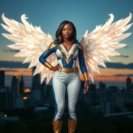 African American female superhero with shoulder length hair in a side part style and wings made of white fire  wearing a slightly homemade  white blue and gold suit with blue pants with a stylized V as her chest emblem wearing gold flat boots made of gold standing in Philadelphia at dusk