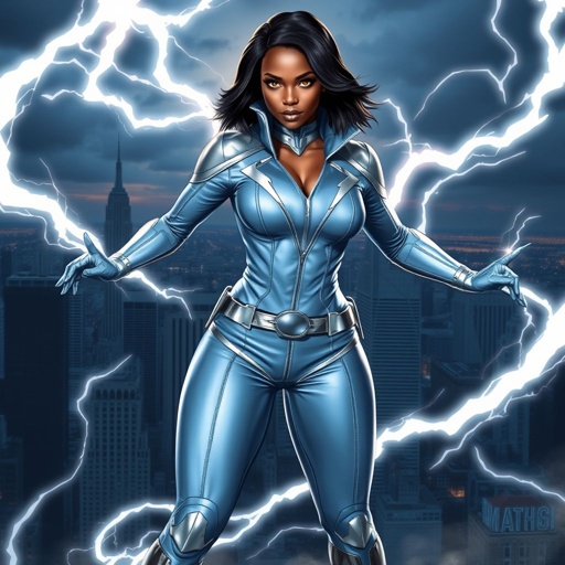 African American female superhero with hair in a shoulder length side part hairstyle with pure Gold glowing eyes wearing a leather light blue white and silver suit with light blue pants and silver boots and a V as her chest emblem controlling a storm in Philadelphia