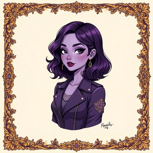 Her lilac skin is smooth and cool like dusk on stone, her dark purple hair sculpted in perfect waves that would survive a battle. Her eyes are pure black—glassy, depthless, elegant in their wrongness. She dresses like someone raised in wealth: fitted jackets, embroidered hems, and muted jewel tones that make her skin glow.