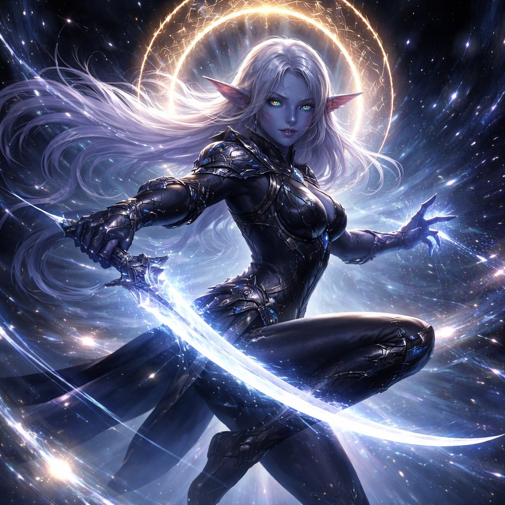 A celestial dark elf warrior with deep indigo-blue skin, long flowing silver-white hair, and glowing pale blue eyes. She wears elegant, form-fitting black and midnight-blue armor adorned with luminous gemstones and intricate celestial engravings. She is captured mid-battle, fighting with a graceful, dance-like style—her body in a fluid spinning motion, one foot barely touching the ground as if she’s performing a cosmic ballet. In her hand is a long, slender rapier-like sword called the Crescent Blade, its thin elegant form glowing with soft blue light. The blade curves subtly like a crescent moon, leaving arcs of shimmering starlight as she moves. Her attack is mid-strike, the rapier extended in a precise, flowing thrust while her free hand traces a sweeping motion that releases glowing magical energy. Trails of light follow her movements, forming crescent shapes and swirling patterns, emphasizing rhythm and grace. Her expression is calm yet deadly—focused, almost serene—like a dancer completely in sync with the battle. Her hair flows dramatically around her, enhancing the sense of motion. Behind her, a radiant circular celestial halo or arcane sigil glows, surrounded by stars and nebulae. The battlefield is abstract and cosmic, filled with particles of light and magical energy. Motion blur and dynamic lighting highlight speed, elegance, and impact.
