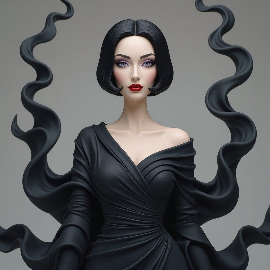 Create A lithe, mysterious woman draped in layered black silks that move like smoke around her. Her jet-black hair is cut sharp to her jawline, and her violet eyes seem to pierce through darkness.