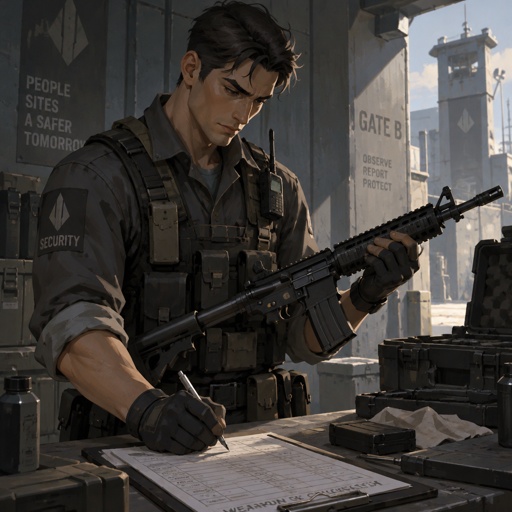 Lean man, clothes that inventory well, nothing souvenir. Rifle checked then the rack checked. Attentive face, not cruel. Completes a form the way other people breathe. Reads as security, not a villain. The heel is the same silhouette. Fortiche painted, practical field gear.