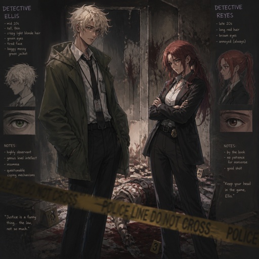 Anime style Male great detective takes his job real seriously really good at it mid 20s medium really crazy light blonde hair, tall thin, tied, clean shaven, strange green eyes wearing baggy loose mossy green jacket tired face, partner, long red hair brown eyes looking annoyed and concerned for him, trying take case seriously,very gruesome seen, person unknown, detective will do whatever he can, parent and him get into arguments usually partner will say "you really need some rest you can barely stand and your speaking trails off, how do you expect to finish this case with the little sleep and food you get" detective reply" all I need is some coffee, I can survive I don't plan on resting till I get to the bottom of this, worrying never helps"as he yawns, partners says back "ugh! your really stubborn, looks like I'm going to have to catch you again when you pass out"