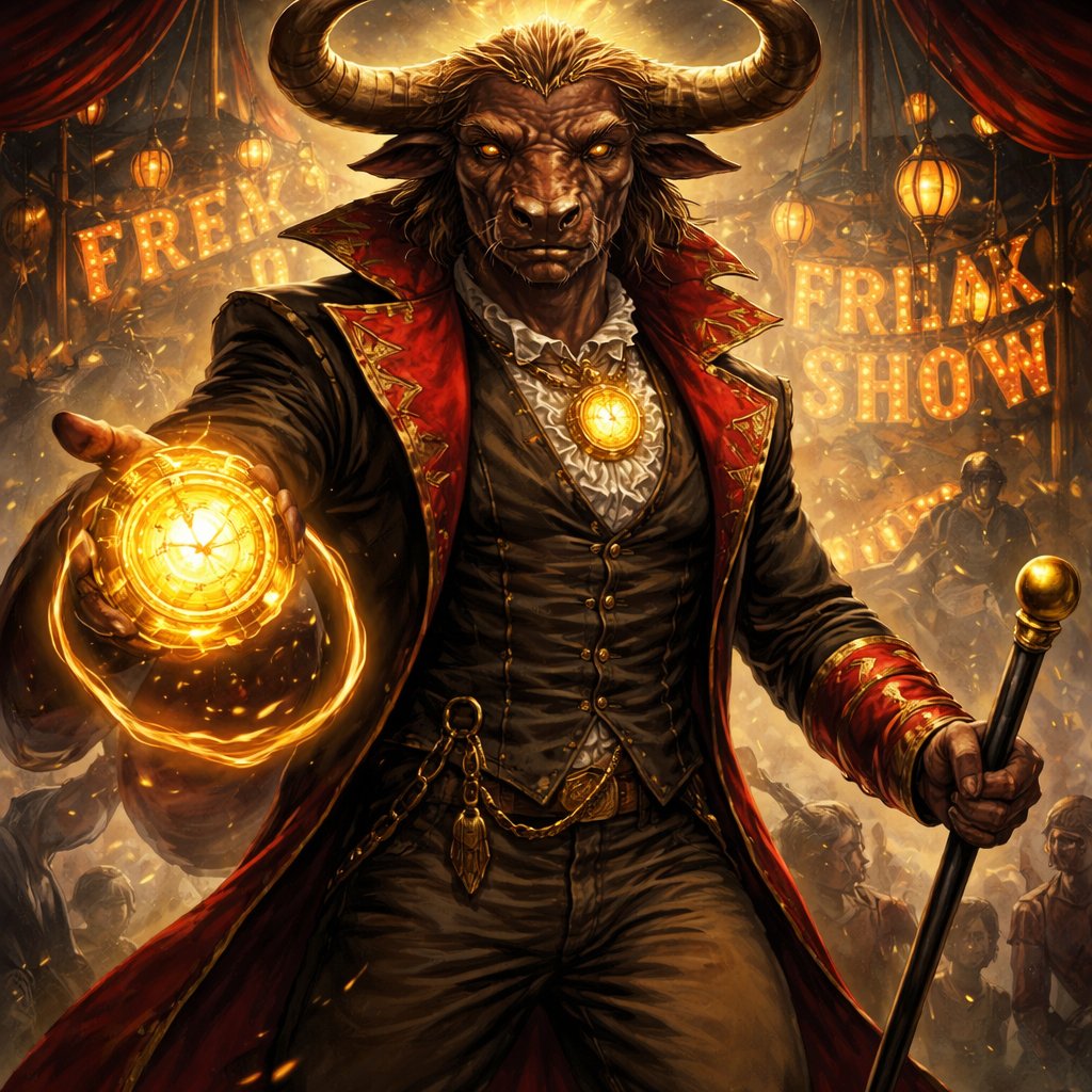 A male medium brown Minotaur with brown eyes that has a well~proportioned figure that works at freak show as the ringmaster. That has abilities of Reality Rejection, Time Manipulation (Chronokineses), Zoolingualism (Language of Cattle only), Human Speech. He’s basically a hybrid with his mother being a human with half-animal (Cretan bull) physiology and his father a Cretan Bull.