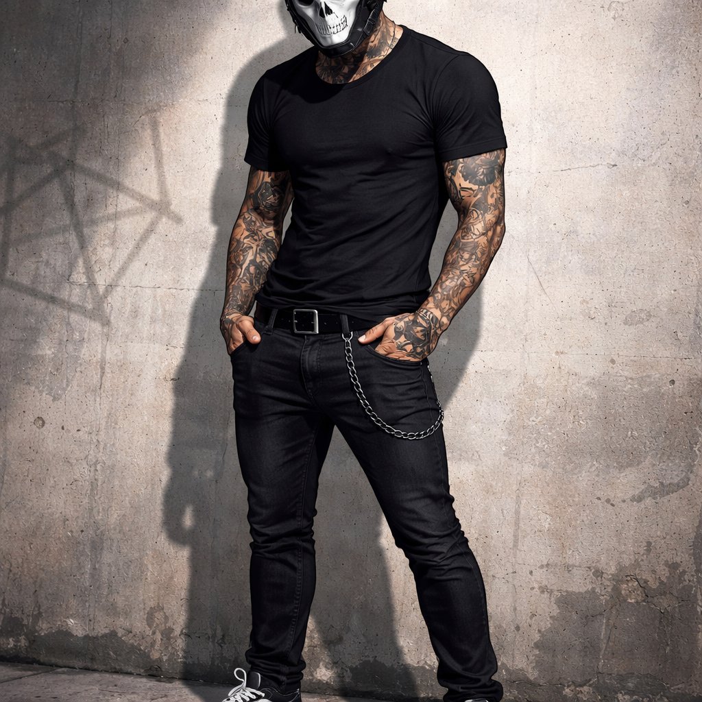 Skinny muscular build olive skin dark hair in a super short mullet with burst fade sexy eyes looking at you tattoos on arms neck chest and back and legs wears black tshirts and slim fit jeans with black vans sneakers wearing a ghost from call of duty mask