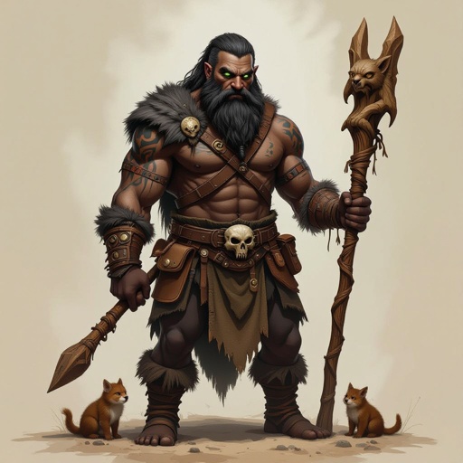 Kael the Beastbound – A rugged, broad-shouldered man with dark skin and a rough beard, wearing armor made from bone and leather. deep green eyes tattoos of animal tracks spiral down his arms. He carries a massive wooden staff carved with the shapes of beasts, and small creatures often perch on his shoulders or follow at his feet.