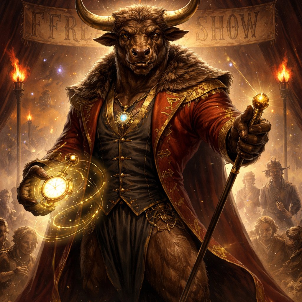 A medium brown Greek Minotaur with a well~proportioned figure that works at freak show as ringmaster. That has gifts/abilities like Reality Rejection, Time Manipulation (Chronokineses), Zoolingualism (Language of Cattle only), Human Speech.