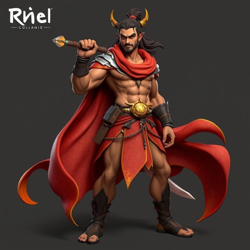 Create handsome hero  Rhen the Fire – A lean, muscular man. He wears layered, flowing desert robes dyed in warm reds and golds, with scorch marks where flames have licked them. A curved blade hangs at his hip.  Show whole body head to toe including her shoes.