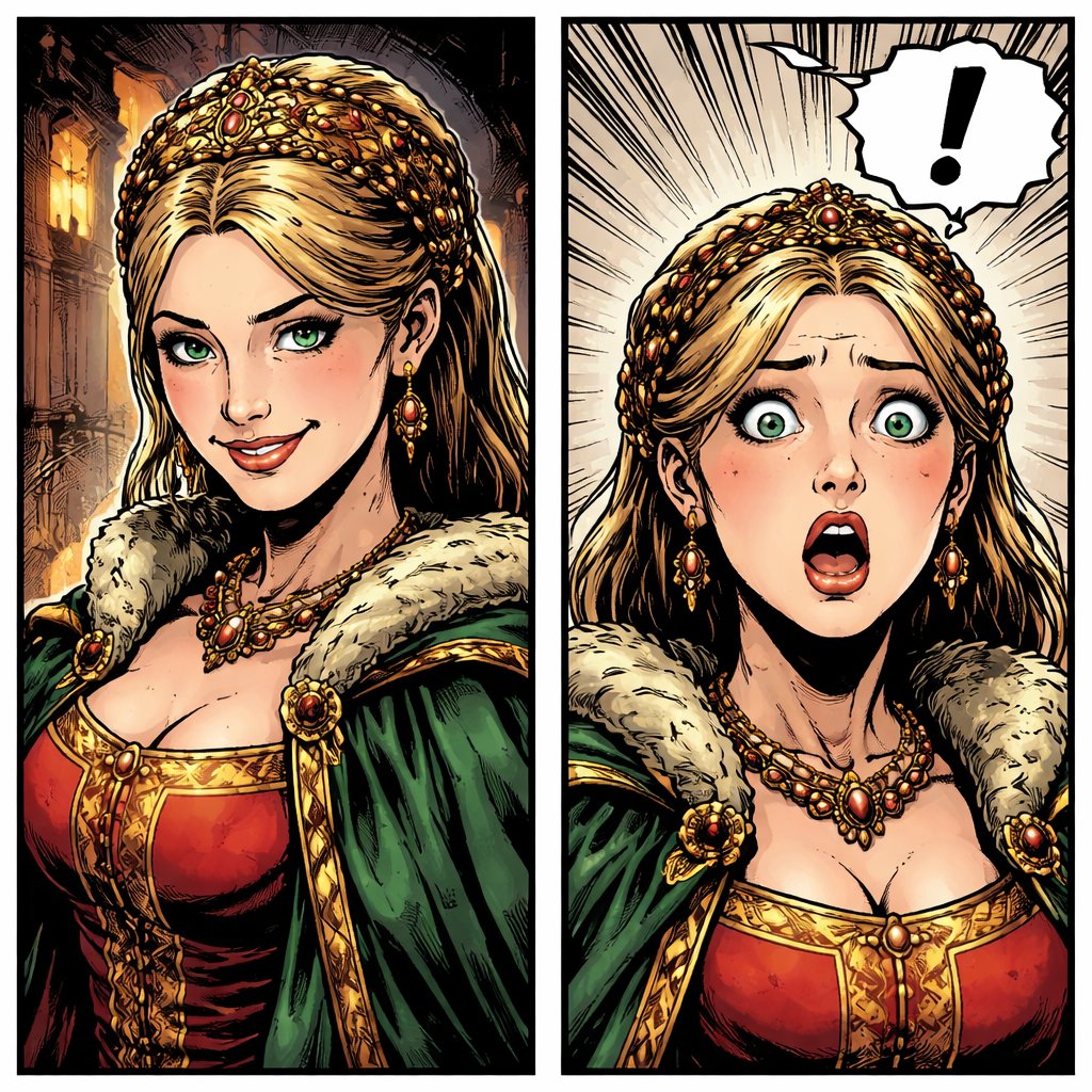 REALISTIC. Unattractive, mediaeval young woman, dressed very well 2 panels. The first she has a sly smile. The second she is shocked.