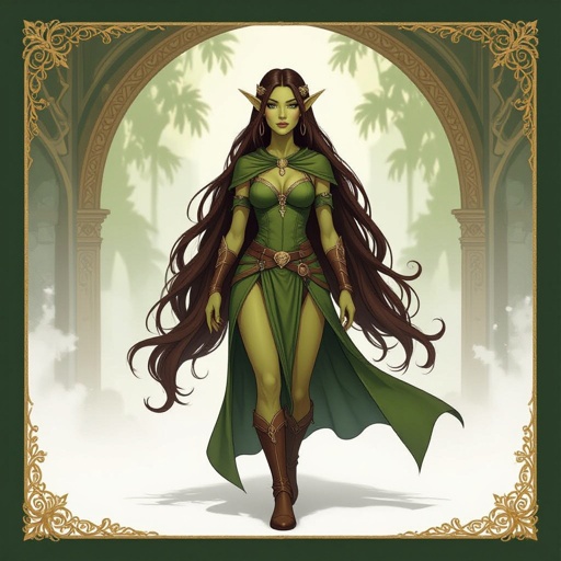 Female elf with olive gold skin and dark brown hair 