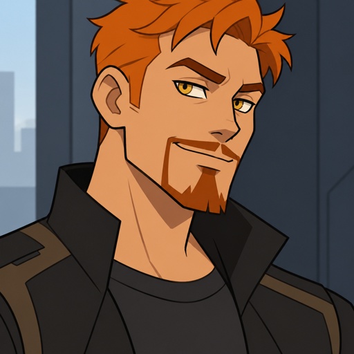 Male, orange short hair, goatee, yellow eyes, 