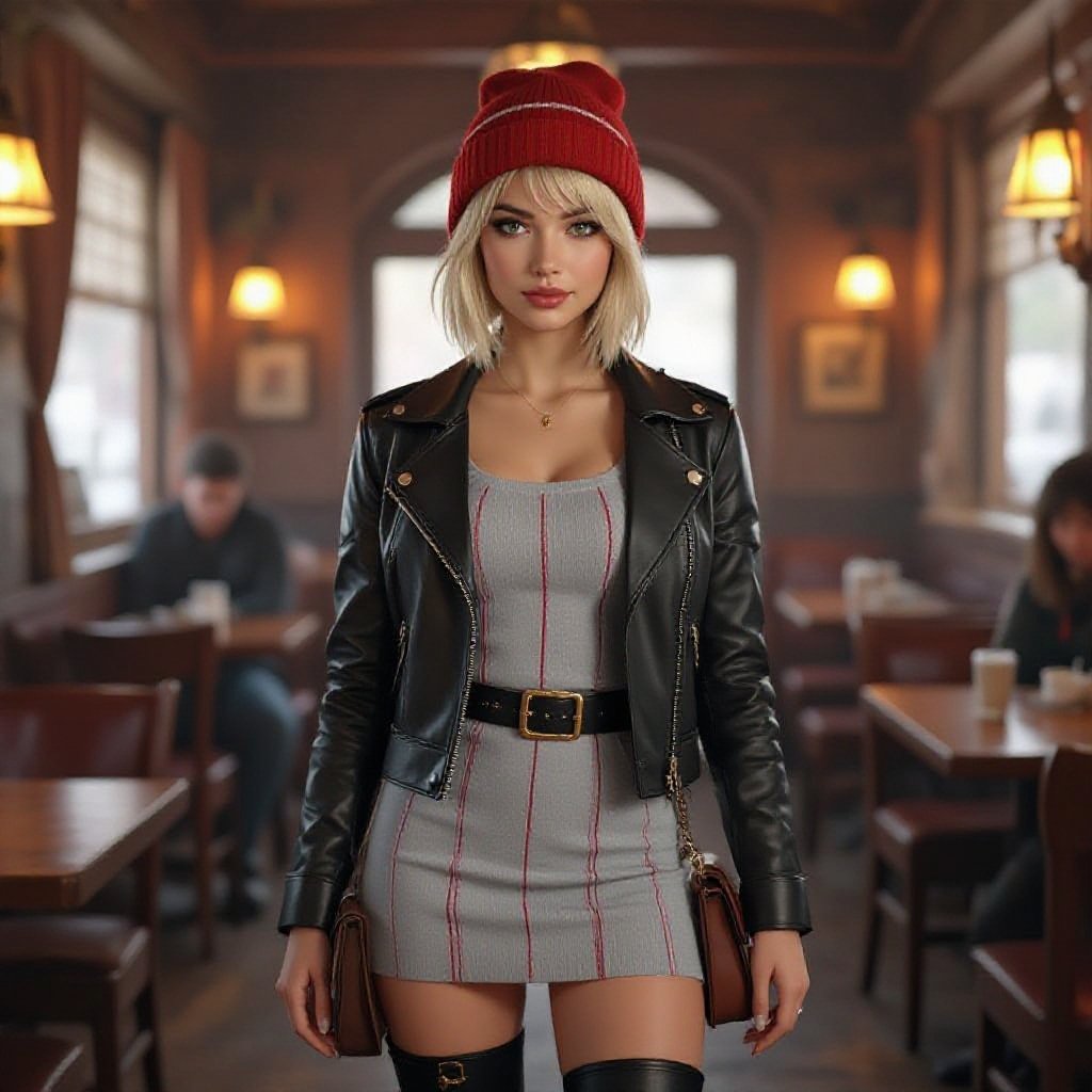 A semi-realistic cinematic portrait of a confident young woman standing in a warmly lit tavern that doubles as a traveler’s rest stop. She has a short blonde bob, green eyes, and wears a red beanie with a thin horizontal white stripe. Her outfit combines style and function: a light gray mini-dress with subtle red and white vertical stripes, reinforced seams, and a sleek black belt with a gold buckle. Over it, she wears a black leather jacket with quilted shoulders and faint crimson stitching, fitted comfortably and zipped partway. Her tall black boots have metal clasps and laced panels, built for travel yet stylish. A compact brown satchel hangs at her side, and faint reflections of lantern light glint off metal accents on her belt and gloves. The background glows with warm amber tones and the hint of travel gear behind the bar, evoking the atmosphere of a modern wanderer ready for her next journey.