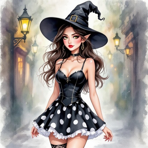Brunette witch elf in a tight black and white polka dot mini skirt and witches hat. Nothing Else