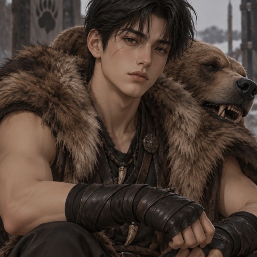 Teenager korean and scandinavia mixed boy with black hair wearing a bear sleeveless coat with black leather wrapping on his hands