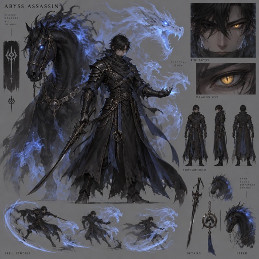 dark abyss assassin, dragon eye, large horse companion, spirit summoning abilities, black hair