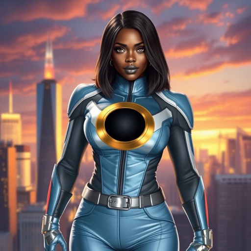African American female superhero with hair in a shoulder length side part hairstyle with pure Glowing eyes wearing a leather light blue white and silver suit with light blue pants and silver boots and a golden circle within a black hole as her chest emblem in Philadelphia