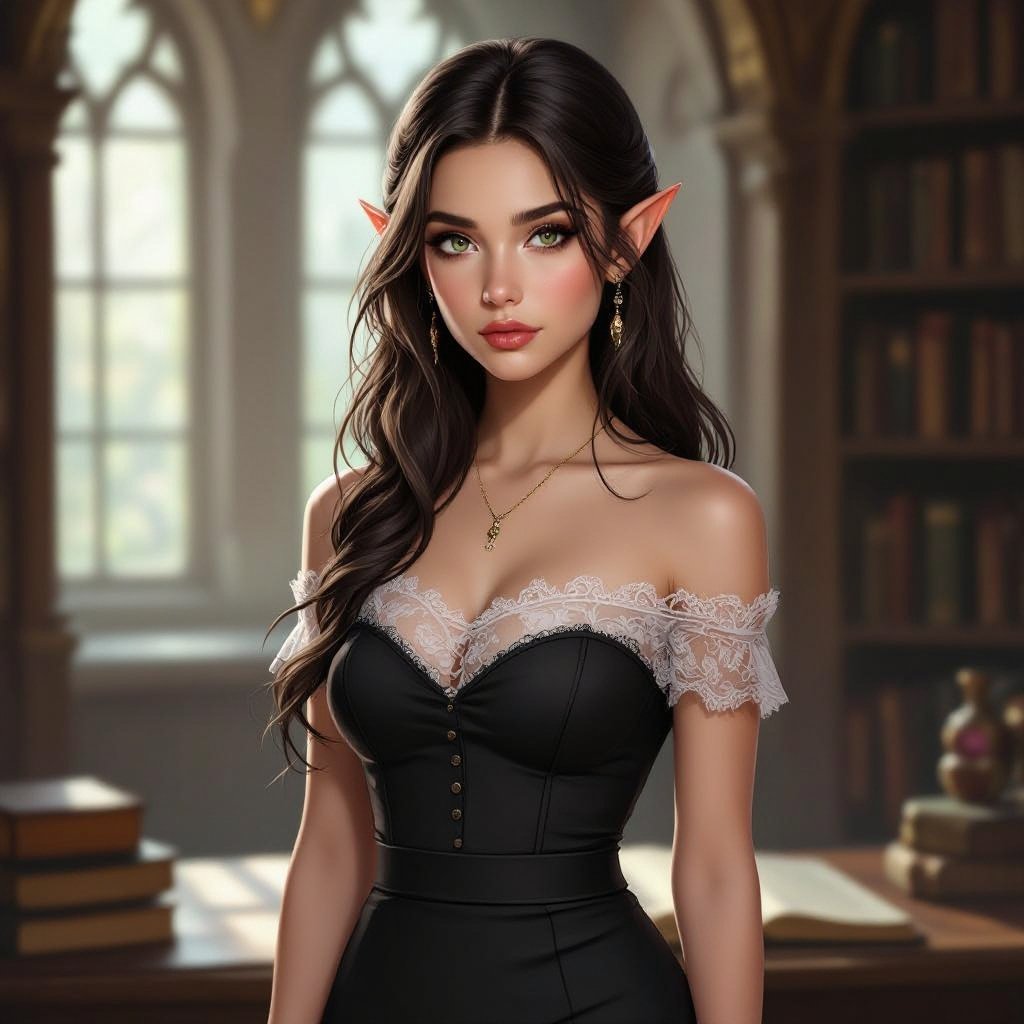 Dark Brown Hair Elf Witch Librarian in Lace Tube Top and Pencil Skirt