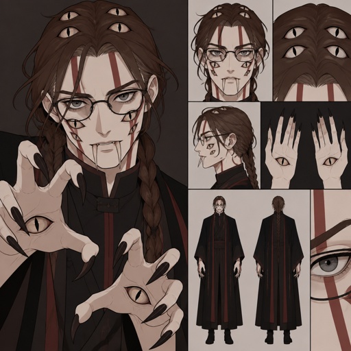 Pale male, hair loose braid, brown hair with red stripes, clean shaven, gray eyes, eight eyes two in middle two on cheek two on top two and two eyes on top of hands,long scary fingers ,spider fangs, glasses.
