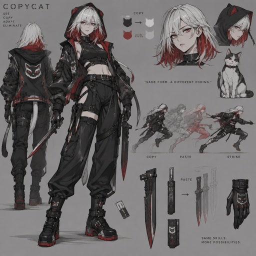 assassin name code, copy cat, copy and paste ability, white hair red on the inside