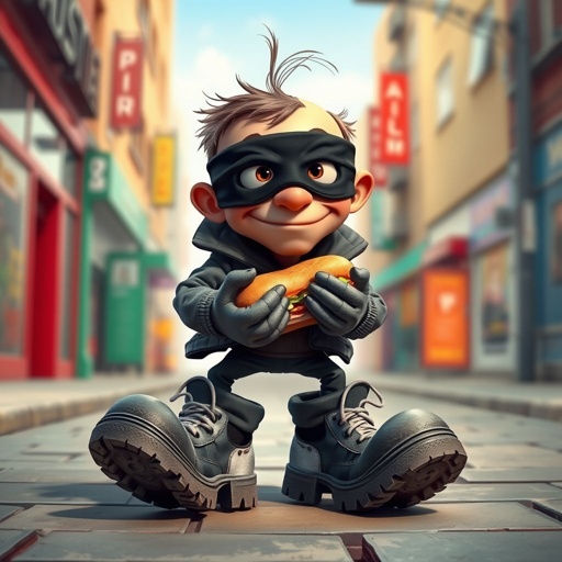 Create a funny looking clumsy thief with funny shoes on. Make him have on the bandit black thing around his eyes. And wanted for stealing sandwiches 