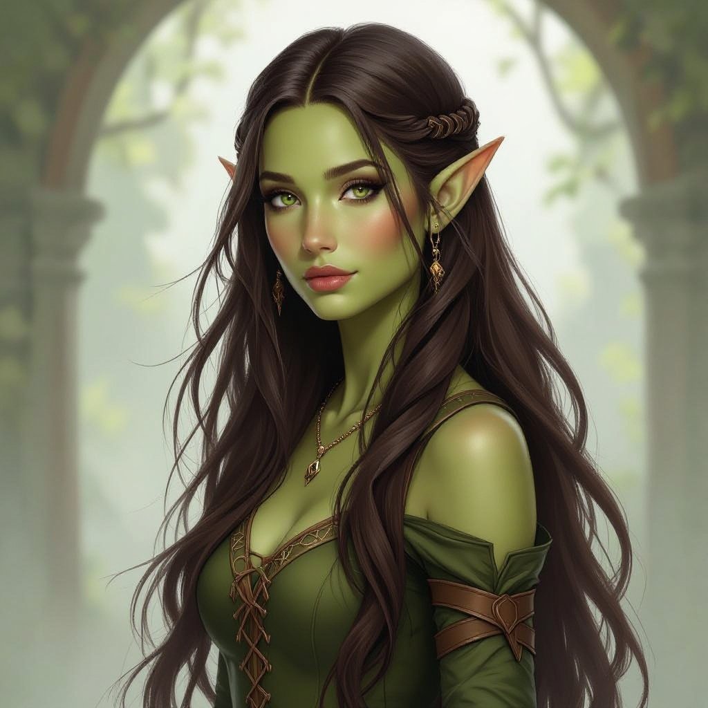 Female elf with olive green skin and dark brown hair 