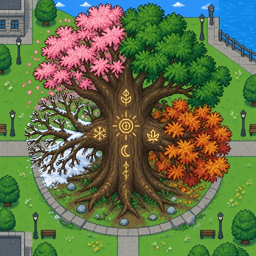  huge old oak with glowing symbols carved into the bark for a fantasy place that’s in modern times, in all the seasons, top down style, 