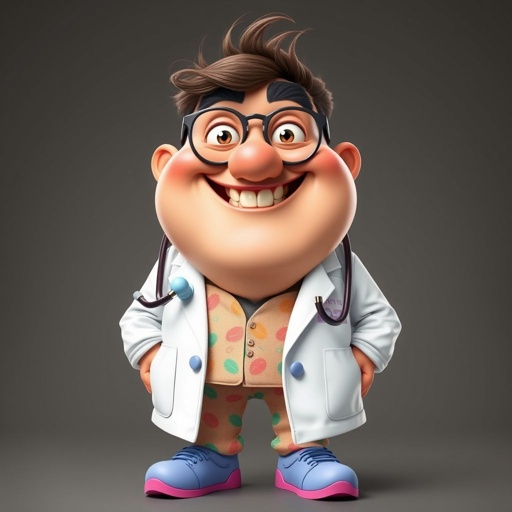 create a fat doctor. Who is funny human looking from head to toe. And he always immediately results to surgery for anything even small things. So please be sure to show his whole outfit head to toe. Make him have funny teeth 